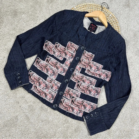 Aventures Des Toiles Linen Blend Denim Chambray Patchwork Jacket Button Front 40 - Picture 1 of 15